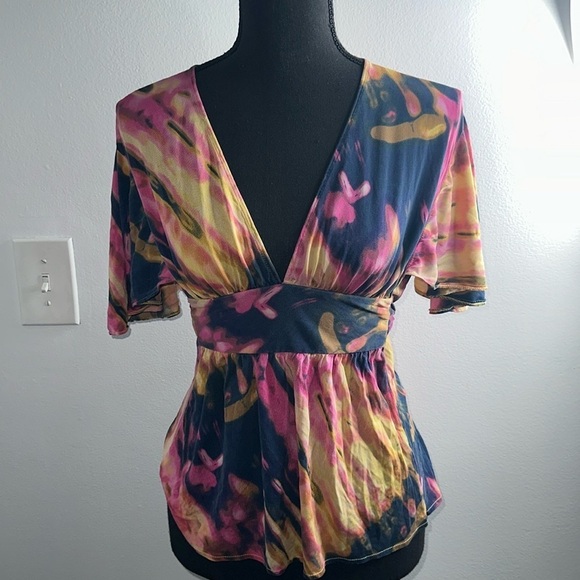 Tie Dye Faux Wrap Cap Sleeve Top - Picture 1 of 4